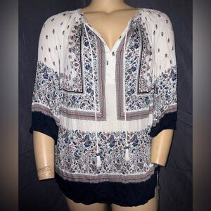 Boho Chic Women's Blouse - Navy and White